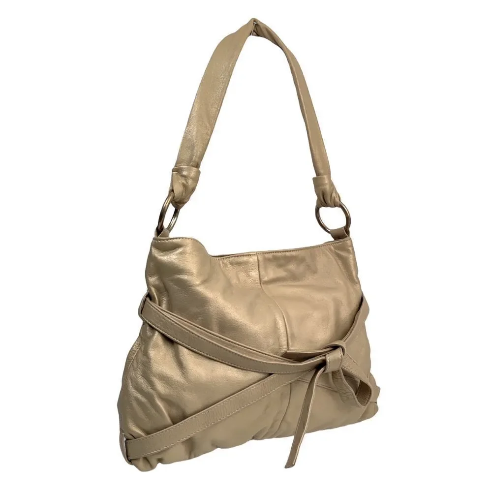 LARGE Goldenbleu GOLD GENUINE LEATHER PINK SUEDE LINED SHOULDER BAG HOBO